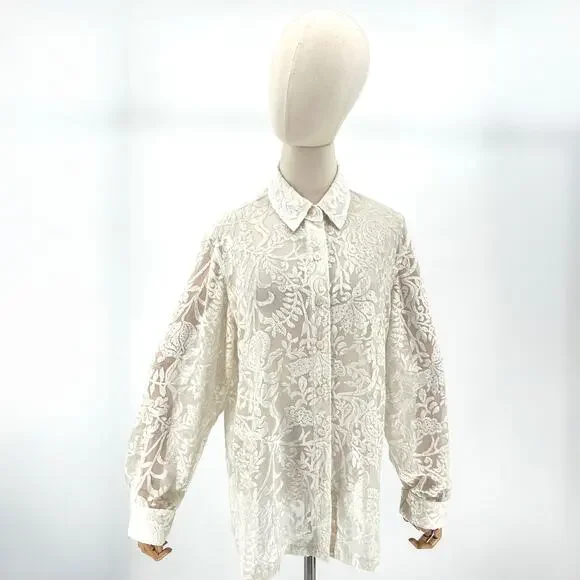 Vintage 90s Gotcha Covered Ivory Velvet Burnout Floral Blouse - Picture 1 of 8